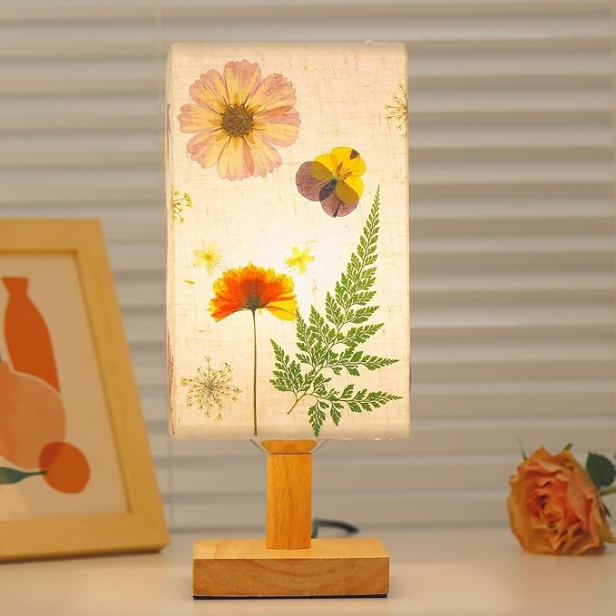 Dried Flowers Table Lamp 5W LED 3Color Temperatures Pressed Flower Bedside Lamp Square Linen Shade with Wood Base for Bedroom Living Room