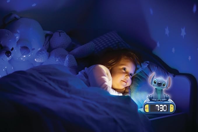 LEXiBOOK, Disney Stitch, Stitch Nightlight Alarm Clock, Sounds and Melodies, LCD Backlit Screen, Luminous, Snooze, Blue, RL800D