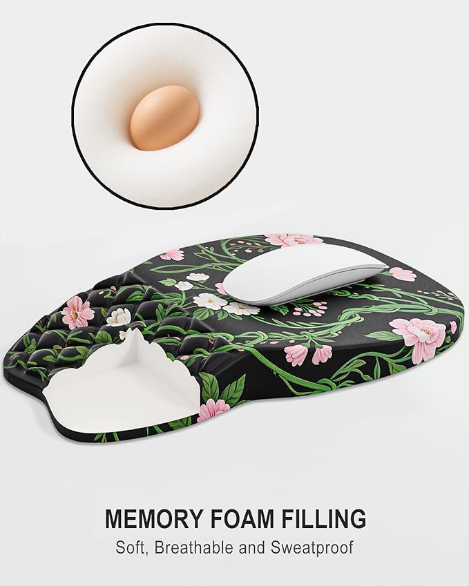 Auhoahsil Ergonomic Mouse Pad with Wrist Rest, Comfortable Slope Computer Mouse Mat with Wrist Support, Memory Foam Filling, Non-Slip Silicone Base, Pain Relief for Gaming Work, 8" x 12", Black Vines