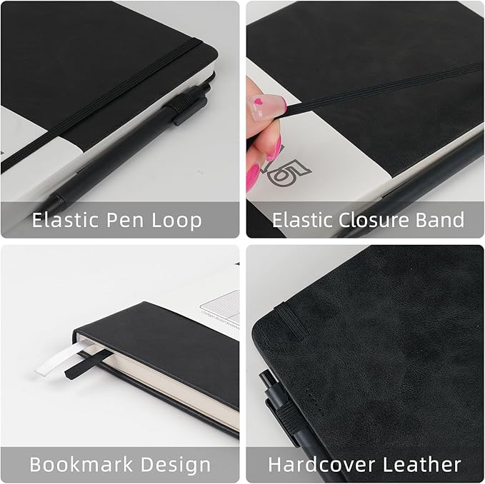 Notebooks Journal for Women Men 5 Pack Bulk Leather Hardcover with Pen Holder A5 160 Pages 100 GSM Thick Paper for Work School Lined Black