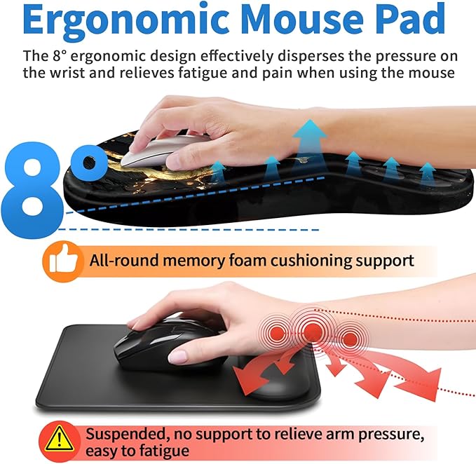 Ergonomic Mouse Pad with Wrist Rest Support, Mousepad with Comfortable Memory Foam Wrist Rest and Non-Slip PU Base for Pain Relief, Computer, Laptop, Office, Home (Gold)