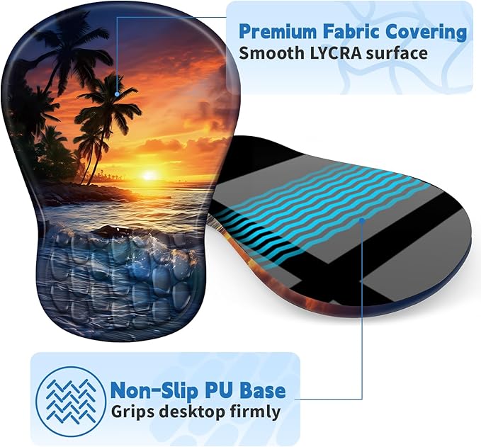 Ergonomic Mouse Pad with Wrist Rest Support, Mousepad with Comfortable Memory Foam Wrist Rest and Non-Slip PU Base for Pain Relief, Computer, Laptop, Office, Home (Sunset Beach)