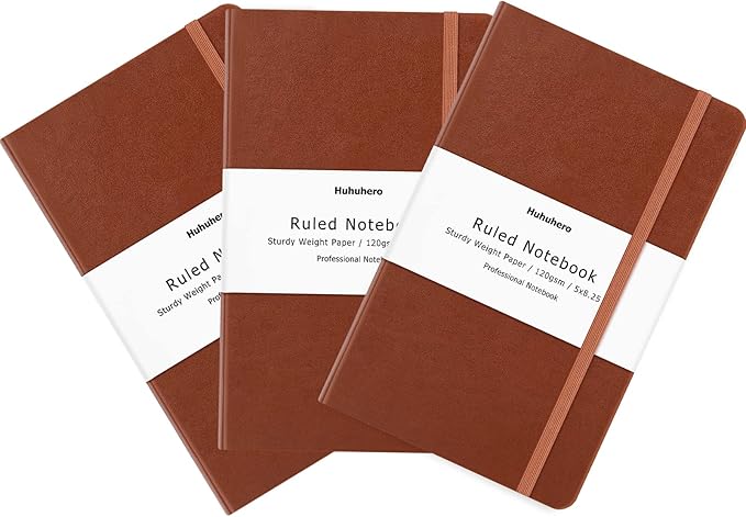 Huhuhero Notebook Journal, Lined Ruled Journal, Hardcover 120Gsm Premium Thick Paper with Faux Leather Notebook for Journaling Writing Note Taking Office School Supplies 5.25"×8.25" (3, Brown)