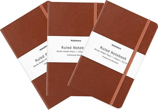Huhuhero Notebook Journal, Lined Ruled Journal, Hardcover 120Gsm Premium Thick Paper with Faux Leather Notebook for Journaling Writing Note Taking Office School Supplies 5.25"×8.25" (3, Brown)