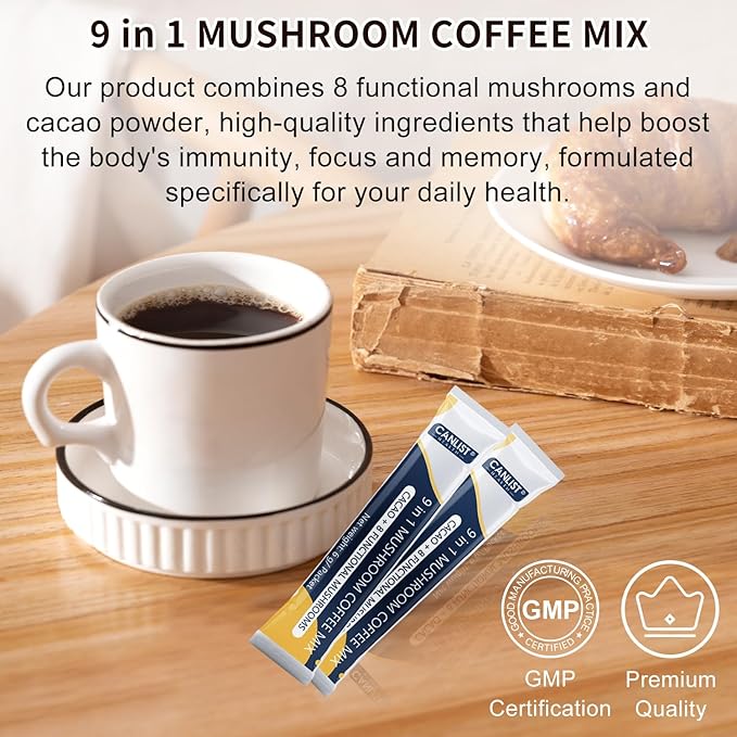 CANLIST Organic 9 in 1 Mushroom Coffee Powder with Lion's Mane & Chaga,Cordyceps, Reishi, Shiitake for Cognitive Focus, Immune Support & Stress Relief, Non-GMO & Vegan Friendly（20 Stick Packets）