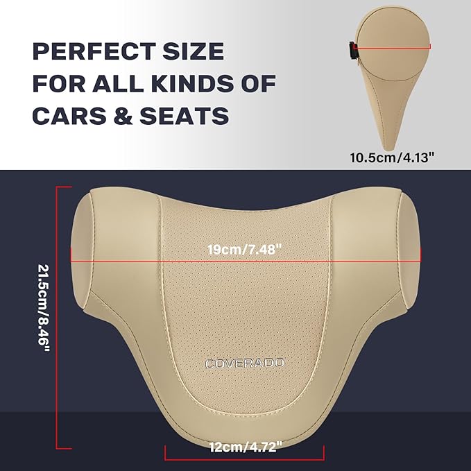 Coverado Car Headrest Pillow, Ergonomic Memory Foam Car Neck Pillow for Driving Seat with Adjustable Strap, Soft PU Leather Breathable Removable Cover Neck Support for Neck Pain Relief - Beige