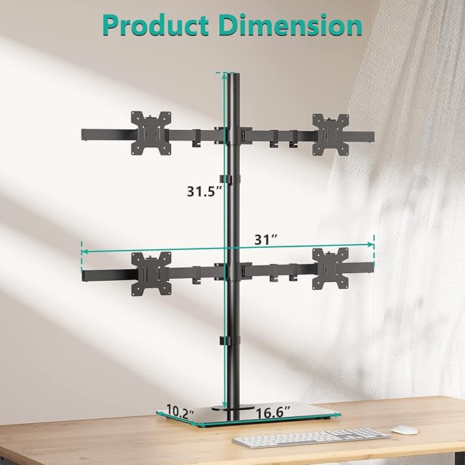 WALI Freestanding Quad Monitor Mount for 17-27 Inch Screens, Fully Adjustable 4 Monitor Stand with Swivel, Tilt, Rotation, Glass Base, Max Load 22 lbs per Arm (GMF004), Black