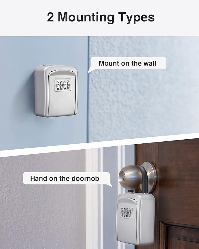 Puroma Key Lock Box, 4-Digit Combination Key Storage Lockbox, Portable Wall Mounted Security Lockbox with Code for Home, Flats, Realtors Garage Spare Keys (1 Pack, Silver)