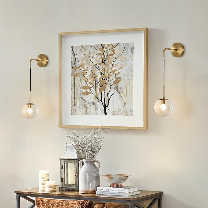 BOKT Mid Century Modern Globe Wall Sconce Lighting Brushed Brass Gold Amber Glass Round Wall Light Fixture Vintage Vanity Globe Bathroom Bar Wall Lamp (Gold+Amber)