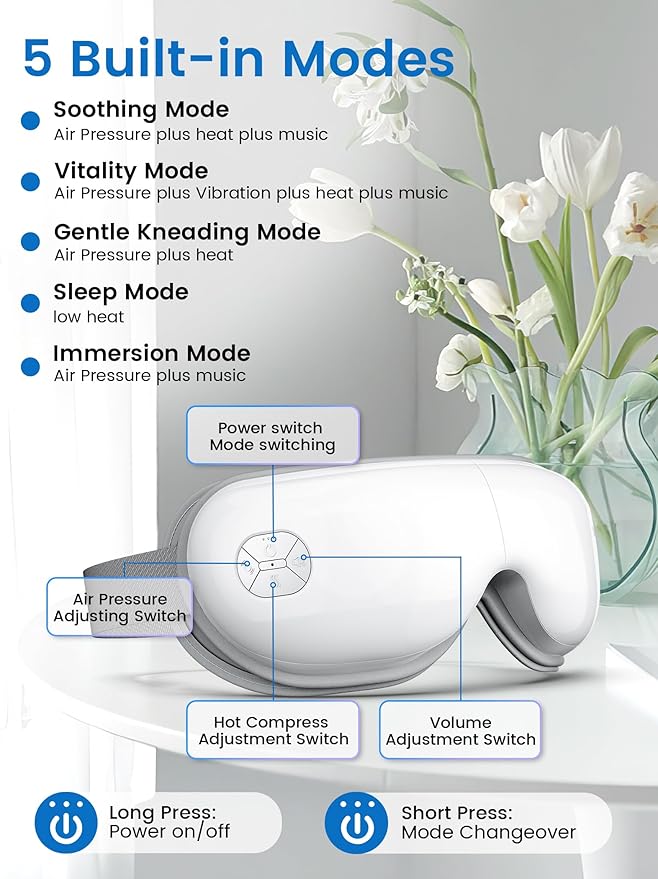 Eye Massager with Bluetooth Music, Heat Therapy, Air Pressure & Vibration – Rechargeable for Eye Fatigue, Dry Eyes, Headache Relief, Gifts for Women/Men,Home/Office Use