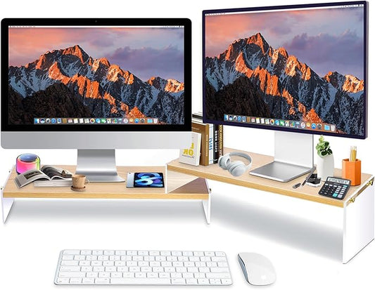 YGYQZ Wood Adjustable Monitor Riser for Desk, 2 Tier Dual Monitor Stand with Acrylic Legs Office Desk Shelf Organizer for Laptop, PC, Printer, Computer (wood-flat)