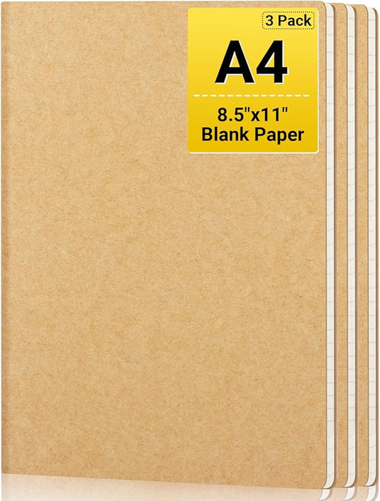 EUSOAR Blank Journal Notebook, 3 Packs Large A4 8.5" x 11" 40 Sheets/ 80 Pages, 100gsm Thick Paper Kraft Sketchbook Composition Diary Subject Notebooks Planner Journal for Students Office