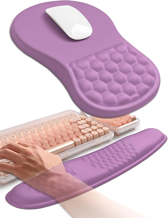 Hokafenle 2in1 Combination, Wave Keyboard Wrist Rest and Ergonomic Curvature Mouse Pad Wrist Support for Relieve Wrist Pain, Filled with Soft Cushion Memory Foam, Purple Lilac