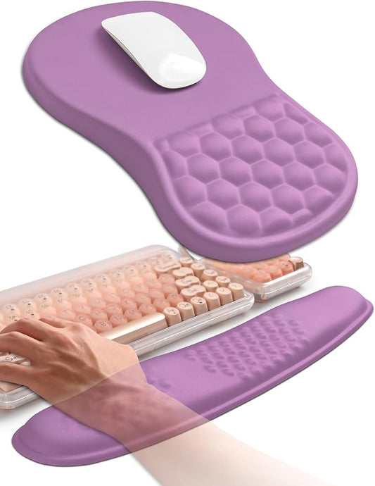 Hokafenle 2in1 Combination, Wave Keyboard Wrist Rest and Ergonomic Curvature Mouse Pad Wrist Support for Relieve Wrist Pain, Filled with Soft Cushion Memory Foam, Purple Lilac