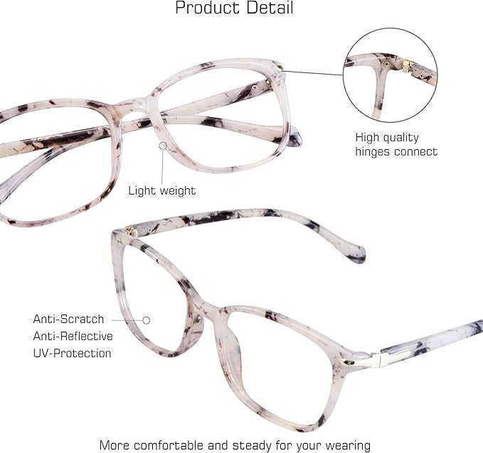 VisionGlobal Blue Light Blocking Glasses for Women, Anti Eyestrain, Computer Reading, TV Glasses, Stylish Square Frame, Anti Glare(Marble,+5.75 Magnification)