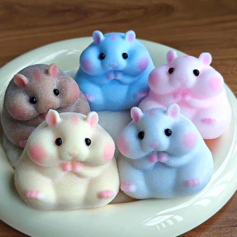 Handmade Flocked Hamster Taba Squishy Toy - Cute Realistic Silicone Animal Fidget Sensory Toy, Ultra-Soft Stress Relief Squeeze Toy for Relaxation Gift (Family (5 Colors))