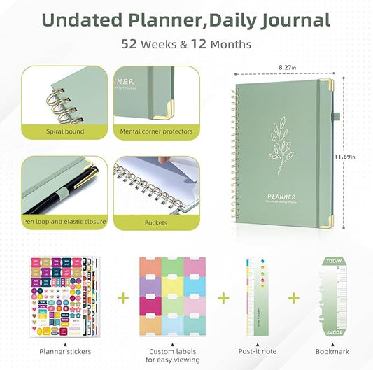 Ospelelf Planner Undated Daily Spiral Binding Weekly Monthly Hardcover Academic Planners with Stickers 12 Months Productivity Aesthetic Journey Letter Size Green Leaf