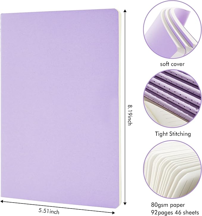 16 Pack Soft Cover Journal Bulk, Feela Lined Notebooks College Ruled for Work for Women Girl Writing, Blank Travel Journal Note Taking Notebook School Business Supplies, 8.2” x 5.5”, A5, Light Purple