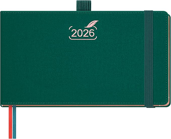BEZEND Pocket Calendar 2026 Weekly and Monthly (6.5" x 3.75") Horizontal Planner with Vertical Hourly Timeslots, Bookmarks & Inner Pocket, Vegan Leather Hardcover - Evergreen