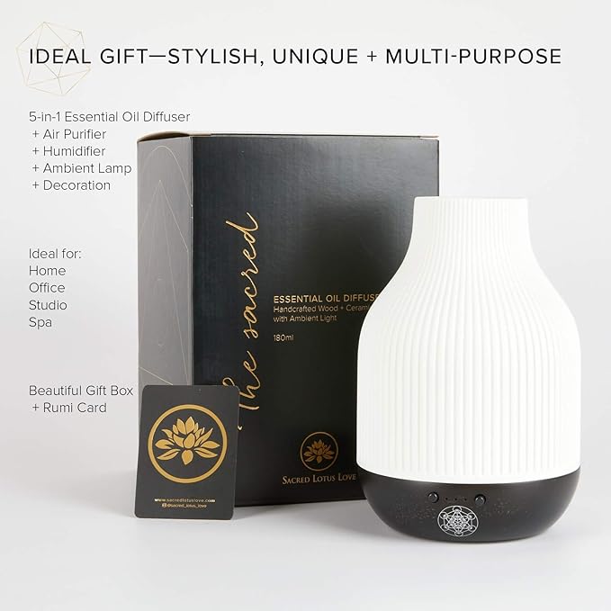 Essential Oil Diffuser Lamp, White Ceramic + Black Wood, Ultrasonic 180ml Whispersoft, 4 Timers | 5 Light Settings, Auto Shut Off, Home + Office, Humidifier Air Purifier Aromatherapy