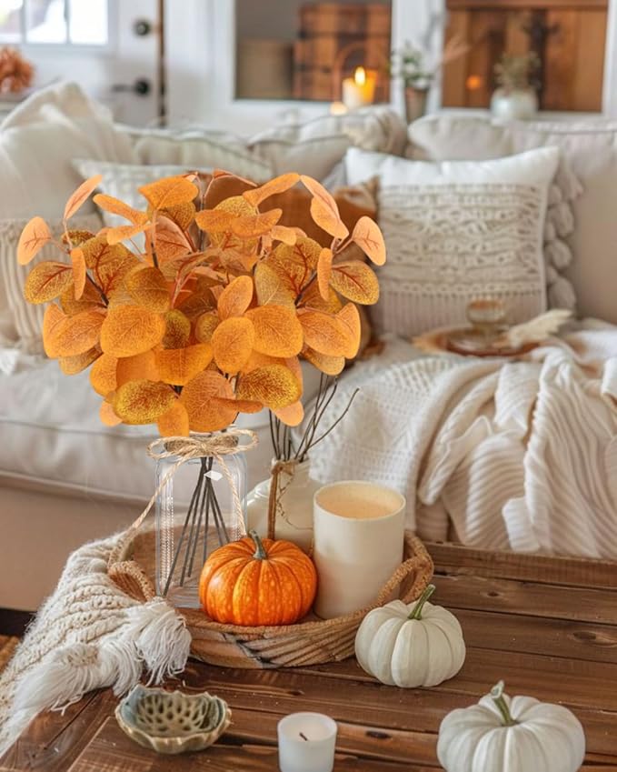 Fall Faux Eucalyptus Stems in Glass Vase 14.2" 6pcs Artificial Autumn Eucalyptus Branches with Vase Fall Home Table Decor Fake Fall Plants Stems for Farmhouse Kitchen Bathroom Decorations