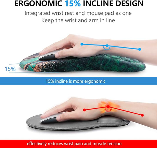 Mouse Pad Wrist Support, Laokiiy 2 in1 Keyboard Wrist Rest+ Ergonomic Mouse Pad, Non-Slip Wrist Rest for Computer Keyboard, Made Easy Typing & Relieve Wrist Pain（Green Gold Black Marble）