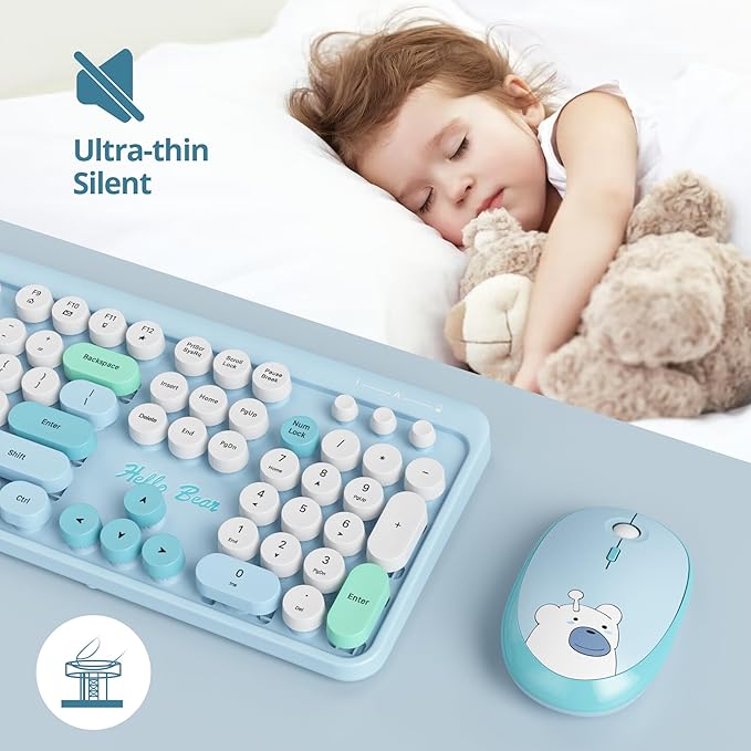 GTSP Typewriter Wireless Keyboard Mouse Combo, Cute 2.4G Office Full-Sized Retro Keyboard with Round Keycaps for Laptop PC Desktops（Blue）