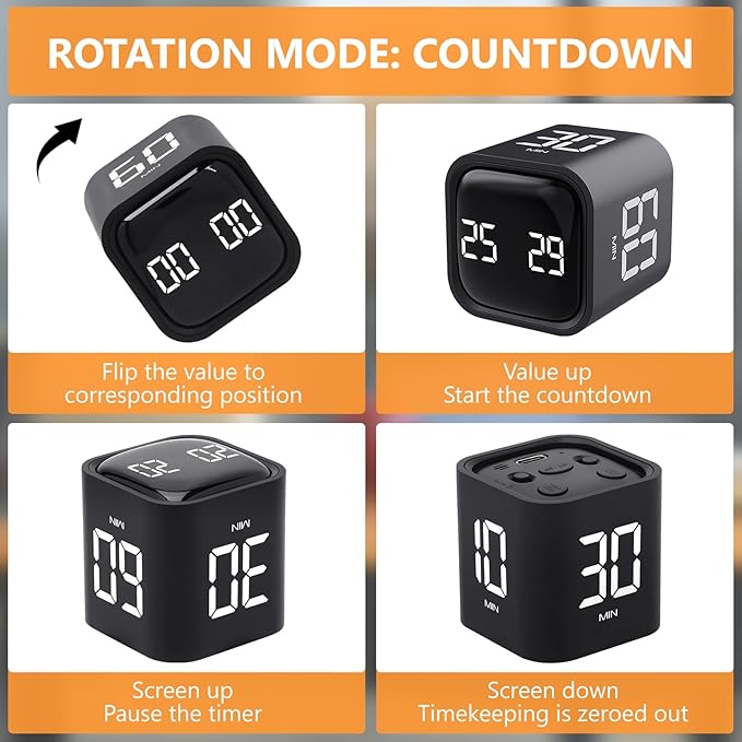 GuDoQi Multi-Function Cube Timer, 5/10/30/60 Min & Custom Count Down, Included Pause & Resume Feature, Silent, Vibrate & Adjustable Sound Alarm for Productivity in Tasks, Study & Kitchen, Black