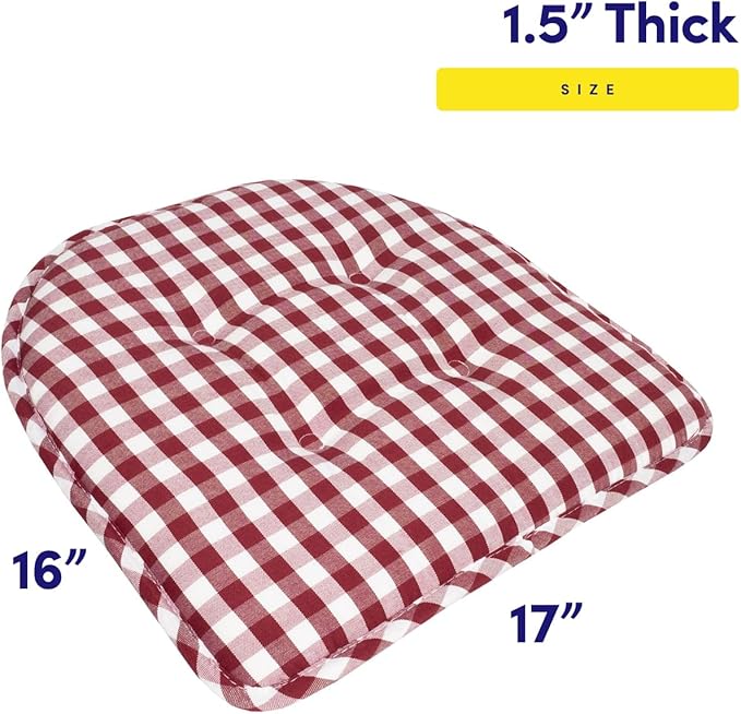 Sweet Home Collection Chair Cushion Memory Foam Pads Tufted Slip Non Skid Rubber Back U-Shaped 17" x 16" Seat Cover, 2 Count (Pack of 1), Checkered Wine/White