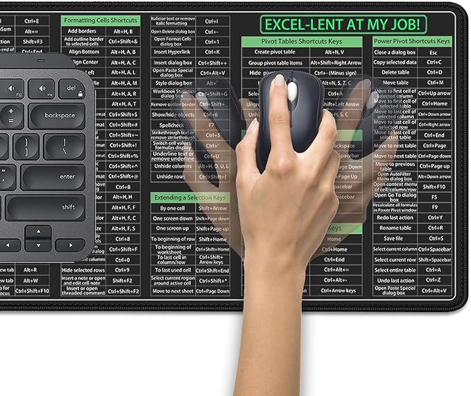 Large Extended Excel Shortcuts Mouse Pad Desk Pad,Excel Software Excel Shortcuts Mouse Mat,Stitched Edges Non-Slip Waterproof Rubber Base Mousepad for Office Desk Mat(27.5X11.8 in)