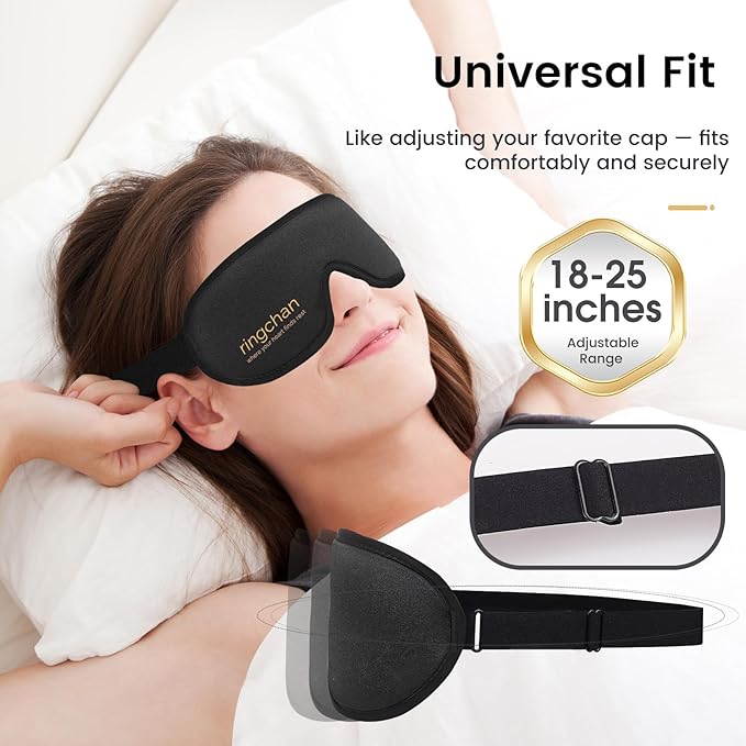 ringchan True Blackout Eye Masks for Sleep, Office Nap or Long Flight Trip, Zero Pressure on Eyeballs and Eyelids, Conveniently Adjustable Strap, Soft and Comfortable Night Blindfold - Jet Black