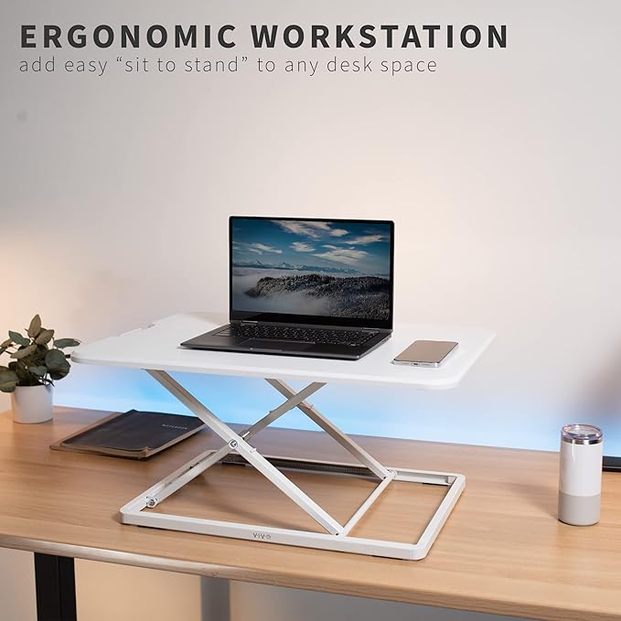 VIVO Ultra-Slim Single Top Height Adjustable Standing Desk Riser, Compact Sit Stand Desktop Converter for Monitor or Laptop, White, DESK-V001JW