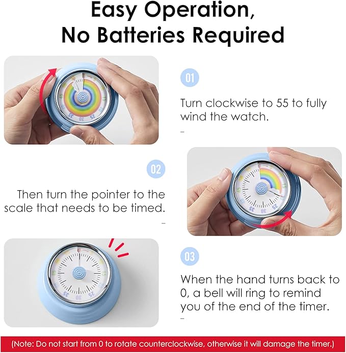 Visual Timer for Kids Rainbow Kitchen Timer with Magnetic Base 60-Minute Countdown Mechanical Ringer Alert Cute Time Management Tool for Children and Adults Study Work Cooking, Blue