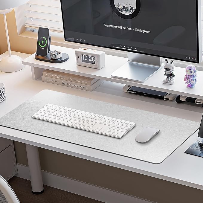 Boutilon Leather Desk Pad Protector,Non-Slip Mouse Pad,Laptop Desk Pad,Office Mouse Mat,Waterproof Leather Desk Blotter,Desk Writing Pad for Office and Home (L-Silver,35"x 17")