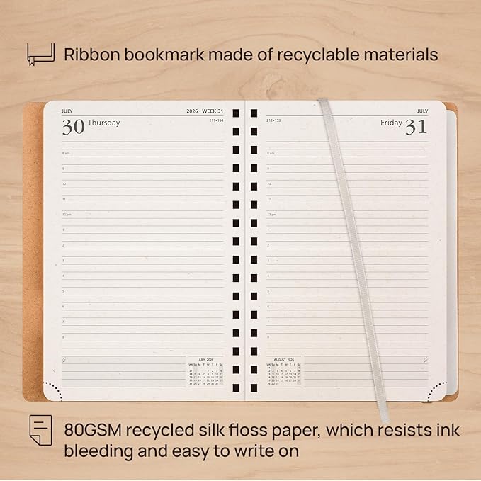 POPRUN 2026 Daily Planner One Page A Day - [5.75" x 8.5"-100% Recycled Materials Spiral Soft Cover] - 2026 Agenda with Monthly Calendar, Folded Inner Pocket - Black Grey