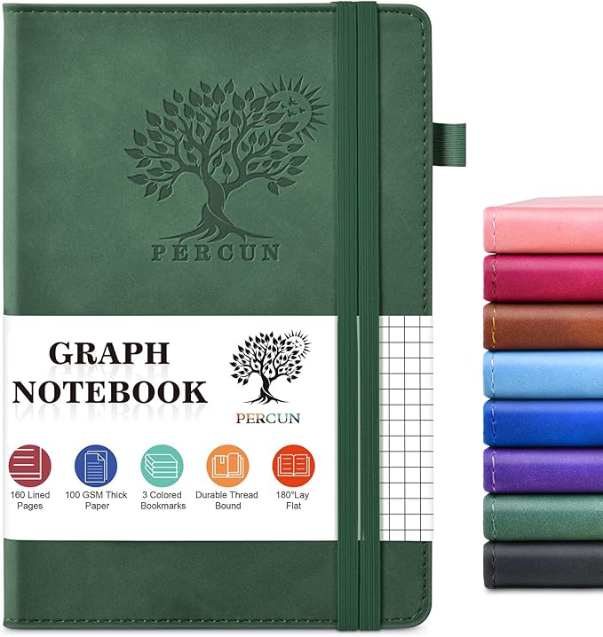 PERCUN Graph Paper Notebook, 160 Pages Grid Journal for women & men, A5 Hardcover Leather Graphing Notebook for School, Work, Travel, Note Taking 5.9”x8.5” (Green)