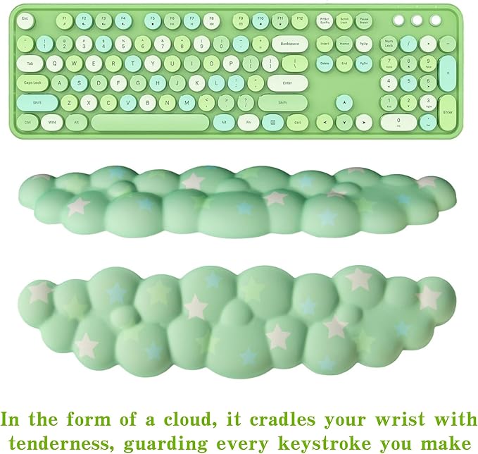 Cloud Wrist Rest Set for Keyboard and Mouse, Includes Cute Coaster, with Computers and Laptops (Green Colorful Star Set)