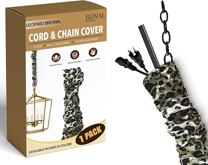 Royal Designs, Inc. Cord & Chain Cover 4 ft Silk Type Fabric, Chandelier Pendant Lighting Chain & Cable Management, Touch Fastener, Leopard Brown - 1 Pack