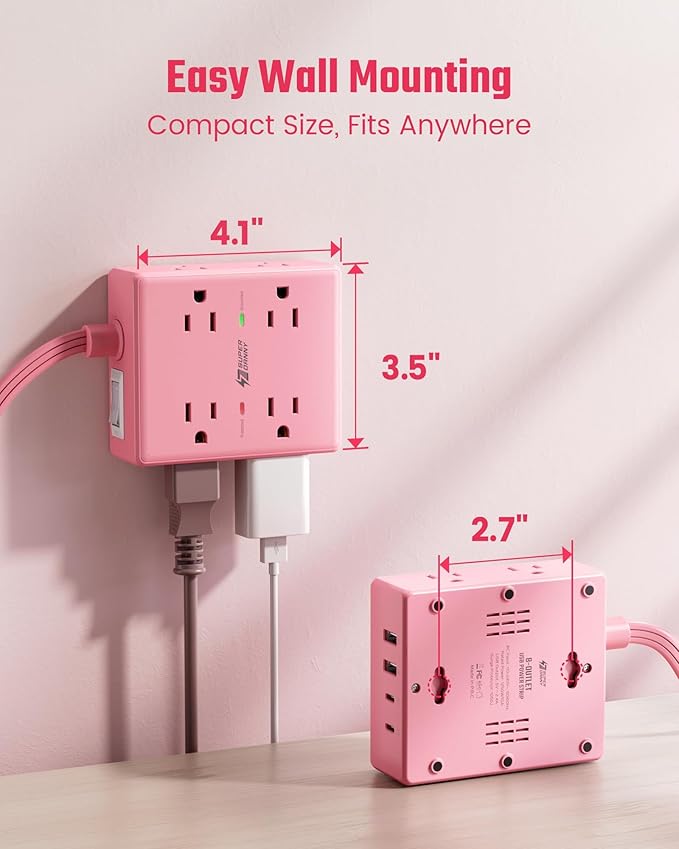 Pink Extension Cord 10Ft, Flat Plug Surge Protector Power Strip, 8 Outlets & 4 USB Ports (2 USB C), Cute Stuff Pink Room Decor, Home Office Kawaii Desk Accessories for Girls