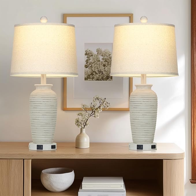 25" Retro White Farmhouse Jar Table Lamps Set of 2, 3 Way Touch Control Rustic Bedside Lamps with USB A+C Ports & AC Outlet, Pot Nightstand Lamps for Bedroom Living Room (LED Bulbs Included)