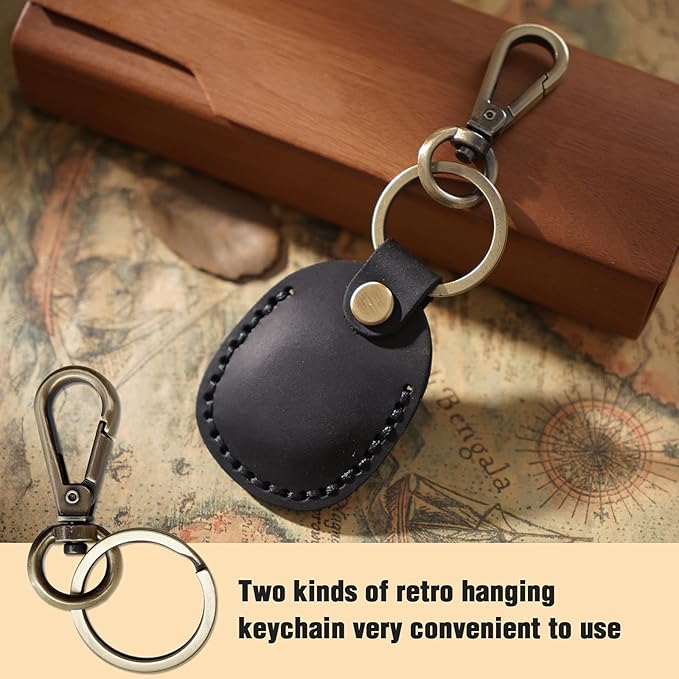 Genuine Leather Airtag Holder, Portable Air tag Keychain with Key Rings, Full Coverage Hidden Case Cover Compatible for Apple Airtag - Black