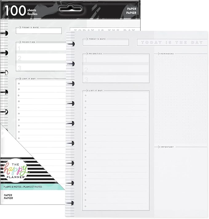 Happy Planner Plans + Notes Planner Refill Paper, 100 Sheets of Lined and Dashboard Layout Notebook Paper for Journals, Classic Size, 7"x 9.75"
