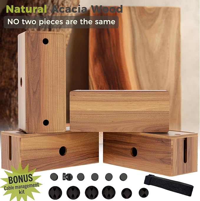 Large Cable Management Box, Acacia Wood Cord Organizer Box with Magnetic Removable Lid, 4 Open Slots Desk Organizer, Hides TV Cables, Computer Wires, USB Hub, Power Strip, and Phone Charger