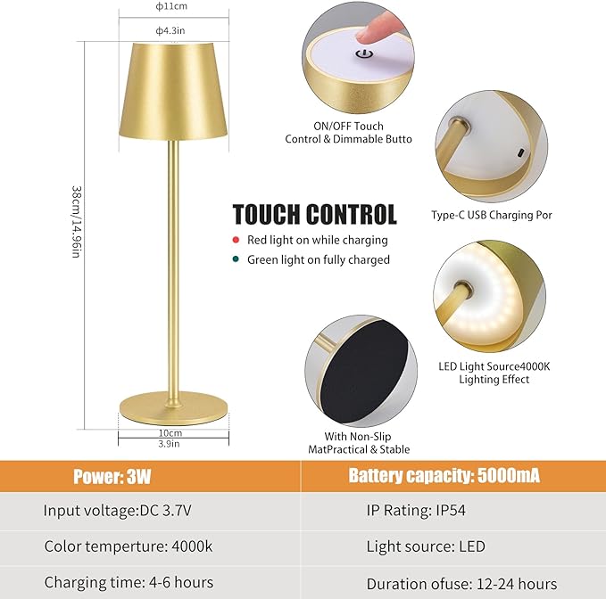 2 Pack Cordless Table Lamp, 5000mAh Portable Rechargeable LED Desk Lamp (Gold)