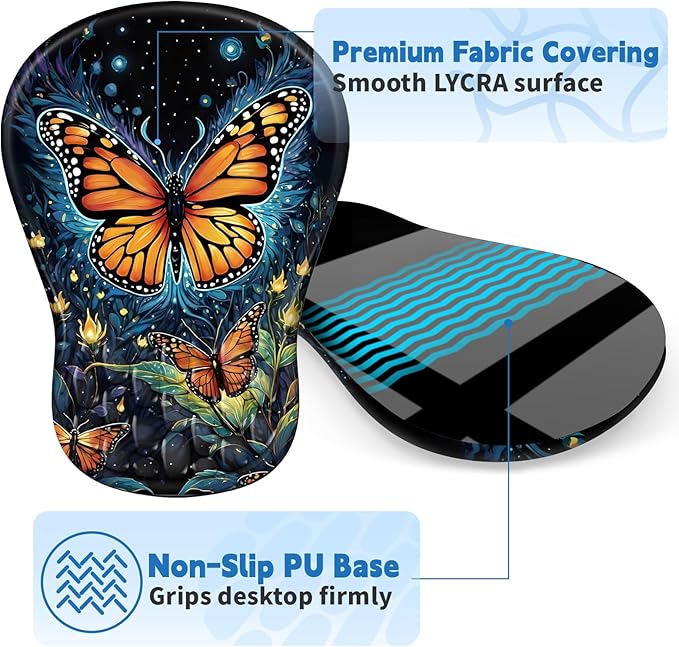 Ergonomic Mouse Pad with Wrist Rest Support, Mousepad with Comfortable Memory Foam Wrist Rest and Non-Slip PU Base for Pain Relief, Computer, Laptop, Office, Home (Butterfly)
