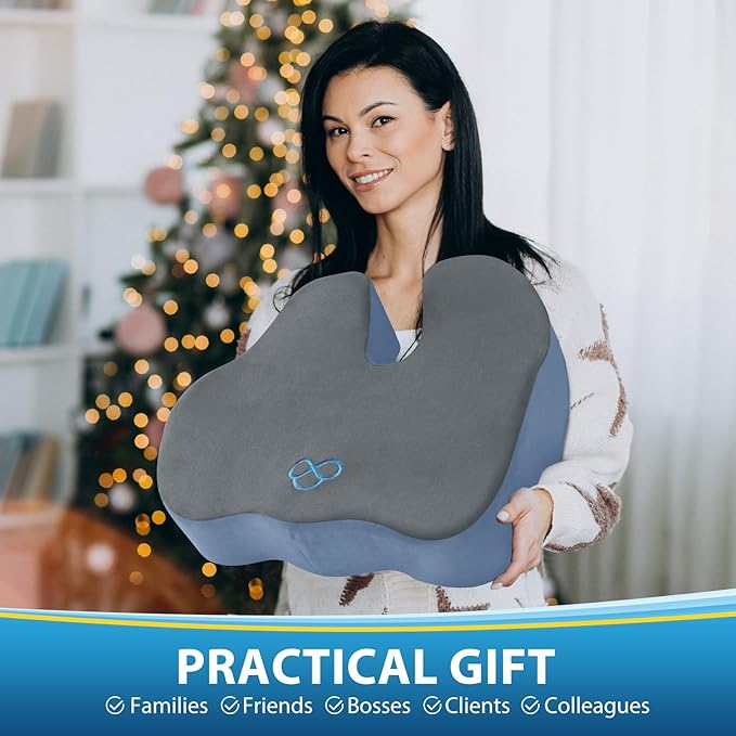 BlissTrends Seat Cushion,5.2in Thick Memory Foam Cushions for Office Chair, Car Seat, Airplane, Relieving Pressure Tailbone Sciatica Back Pain for Long Sitting Office Workers, Car Drivers Gery&Blue