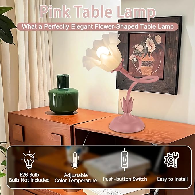 Women Bedside Table Lamps for Bedroom, Cute Flower Desk Lamp with Adjustable Flexible Gooseneck, 3 Color Temperatures Nightstand Lamp with E26 LED Bulbs, Floral Lamp for Living Room, Office,Reading