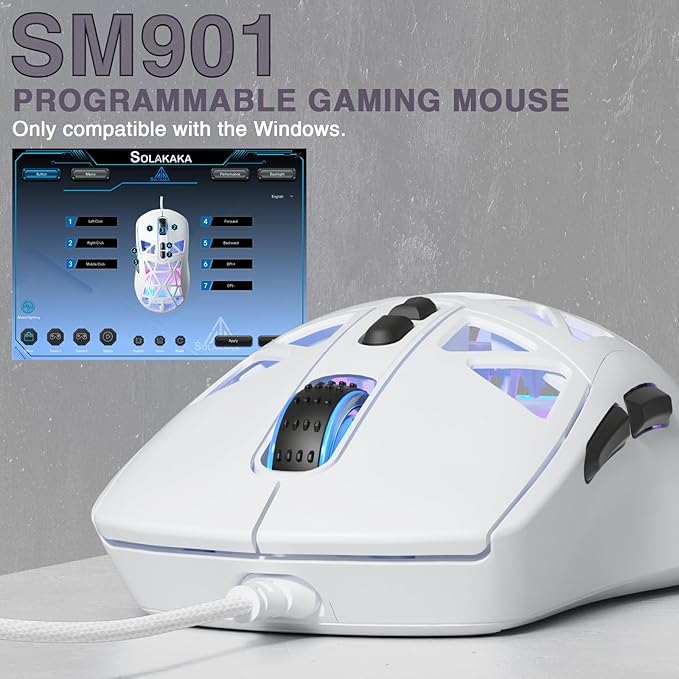 SM901 Gaming Mouse,13800DPI RGB Mouse with Programmable Buttons,53g Lightweight Wired Mouses for Gamer,White