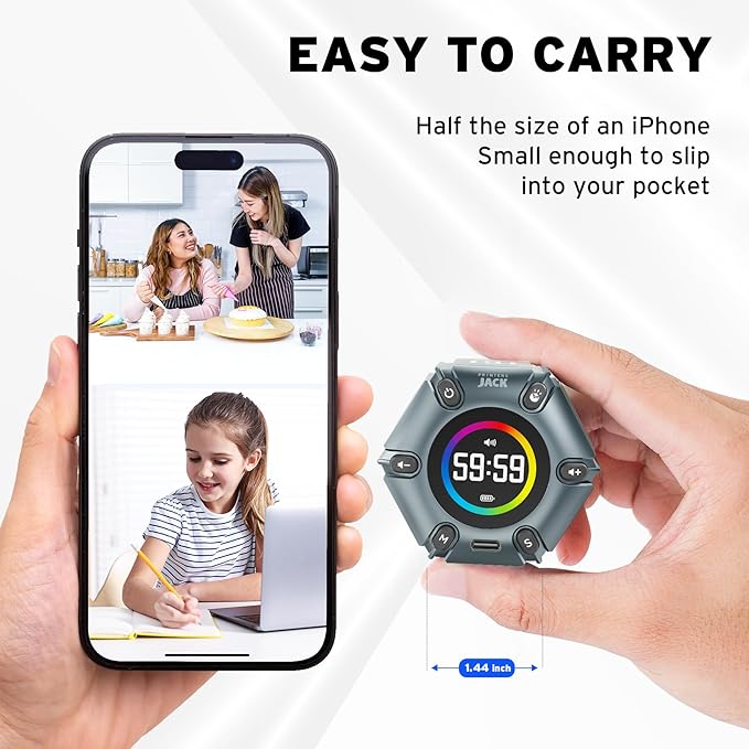 Printers Jack Timer, Visual Pomodoro Timer, Productivity Cube Mute & Vibration & Adjustable Sound Alert, for Office, ADHD, Study, Work, 3/5/10/25/30/60min & Custom Countdown - Iron Gray