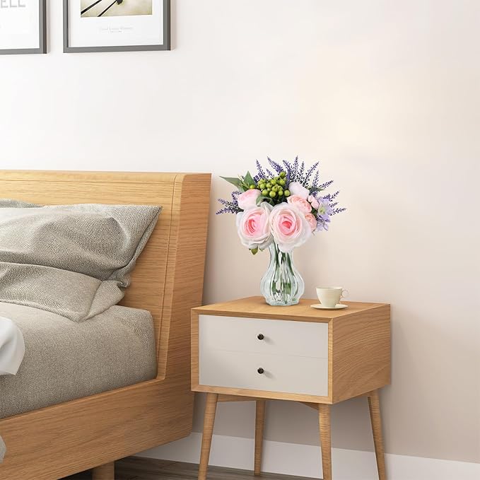 Faux Flowers in Vase for Table Decor, Fake Roses Lavender Plant Artificial Flowers in Vase, Silk Flower Bouquet Floral Arrangements for Home Decor Indoor Office Kitchen Coffee Table Centerpiece, Pink